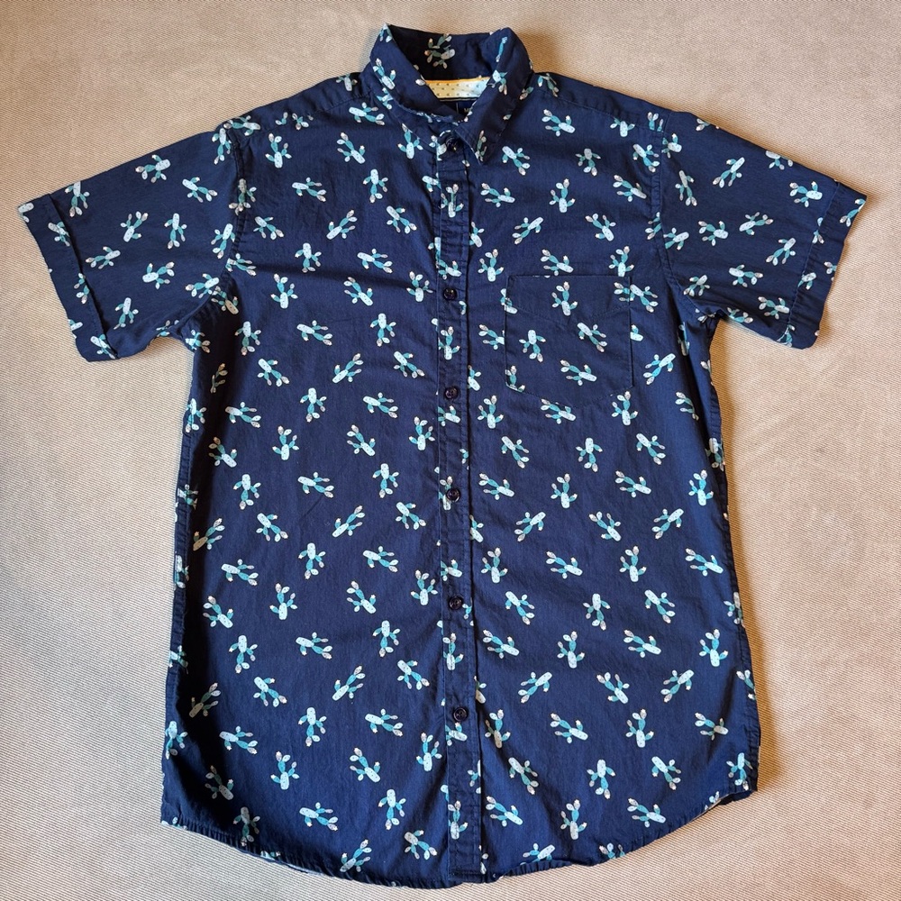Rugby University Shirt Mens M Blue Cactus Short Sleeve Button Up Preppy Hipster